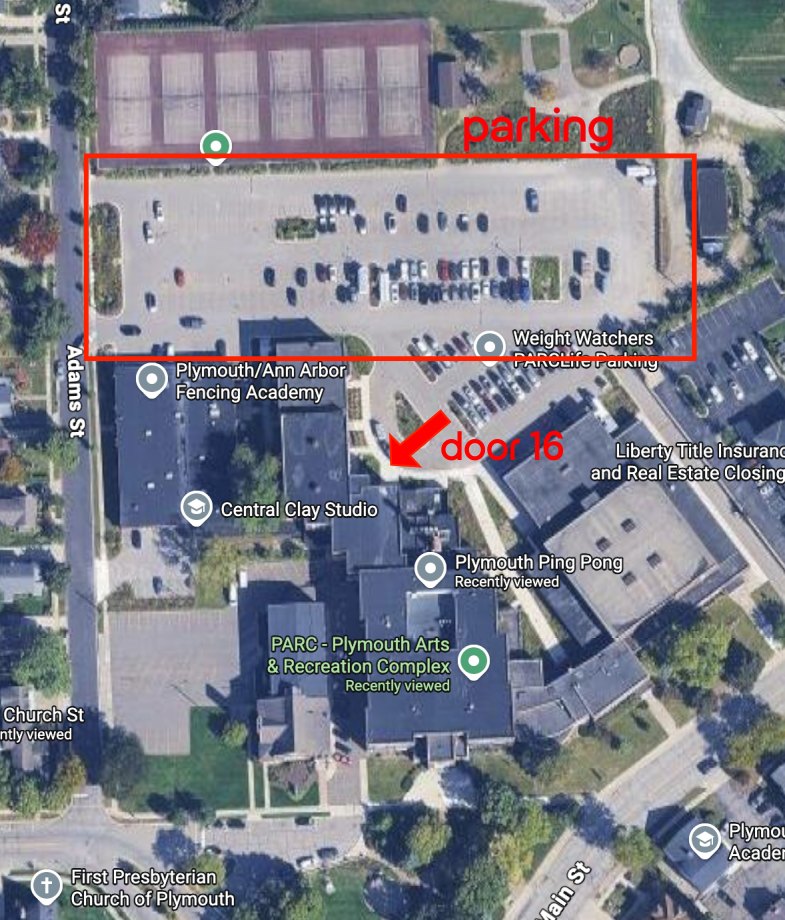 Annotated aerial map showing PARC parking off Adams Street and the Door 16 entrance